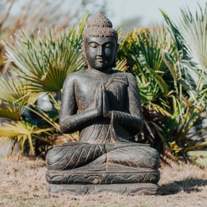 Statua di Buddha nera da 1 metro per esterni in pietra naturale