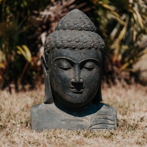 Statue de bouddha noir 50cm – Décoration de jardin extérieure en pierre volcanique