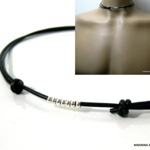 Collier cordon Cuir elipse Argent 925 massif