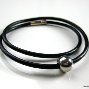 Bracelet cordon cuir boule Acier double tour femme