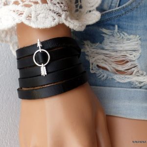 Bracelet 5 tours cuir flèche métal argenté