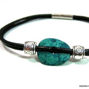 Bracelet cordon cuir disque turquoise