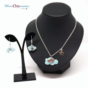 Collier et boucles d&rsquo;oreilles nuage et son étoile – bleu blanc ou rose