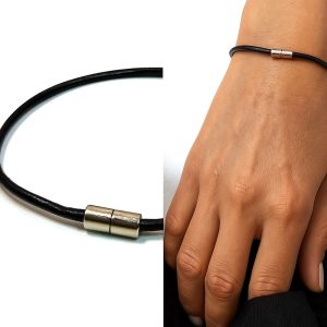 Bracelet fin cordon cuir artisanal fermoir aimanté acier inoxydable argenté