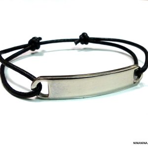 Gourmette cuir homme plaque Acier inoxydable argenté