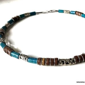 Collier homme perle bois ethnique marron et bleu turquoise