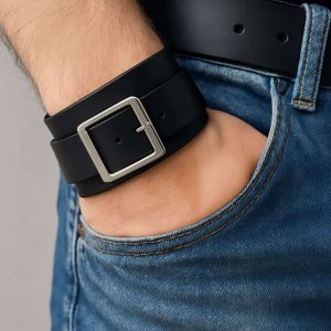 Bracelet de force en cuir noir boucle carrée métal argenté pour homme