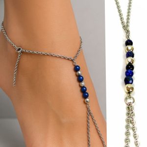 Chaine de pied acier inoxydable argenté et perles bleues Lapis Lazuli fait main en France