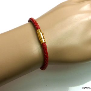 Bracelet homme cuir rouge Acier inoxydable doré