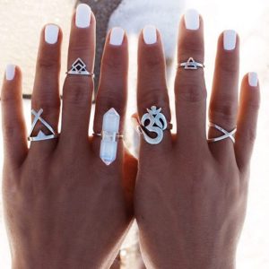 Lot de 6 bagues bohème métal argenté quartz rose