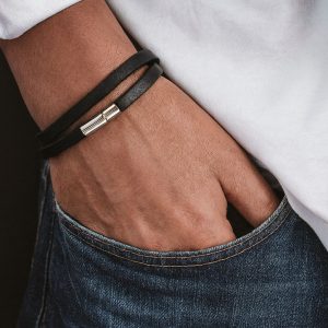 Bracelet homme fait main en france – lacet cuir plat 2 tours fermoir Acier inoxydable