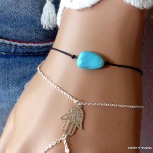 Bracelet fil reglable Turquoise naturelle Argent 925 massif
