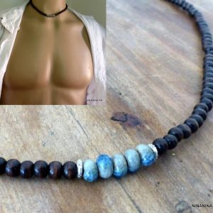Collier homme perles bois verre bleues