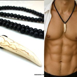 Collier homme ethnique avec pendentif corne en pierre naturelle blanche et perles rondes en bois