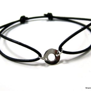 Bracelet coulissant femme anneau Argent Cordon Cuir