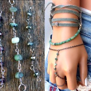 Bracelet Bague Emeraude Verte – Chaine De Main Pierre Acier Inoxydable Noir Artisanal