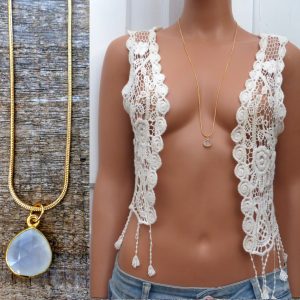 Pendentif Pierre de Lune or plaqué Collier Sautoir