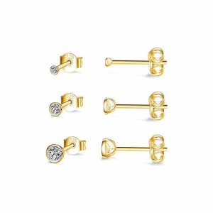 Mini puces d&rsquo;oreilles zirconium plaqué or en lot de 3 Boucles