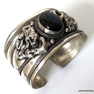 Bracelet Manchette ethnique homme pierre onyx noir