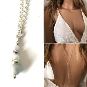 Collier de dos mariage bohème – Chaine argent et aigue marine