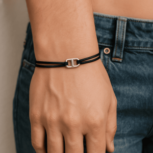 Bracelet maille marine Argent homme cordon cuir réglable