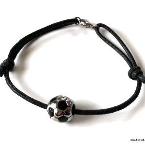 Bracelet ballon de foot noir et blanc cordon réglable