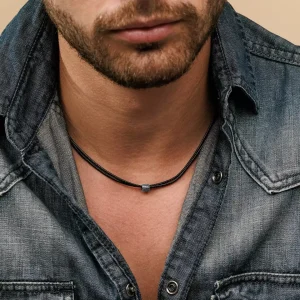 Collier Cordon Noir Artisanal Perle Cylindrique Acier Inox Made In France