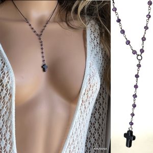 Chapelet Amethyste Naturelle Et Chaine Noire Pour Femme Made In France